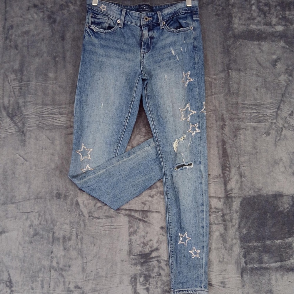 Lucky Brand Jeans Womens 4/27 (W 29") Stella Skinny Star Embroidered Distressed